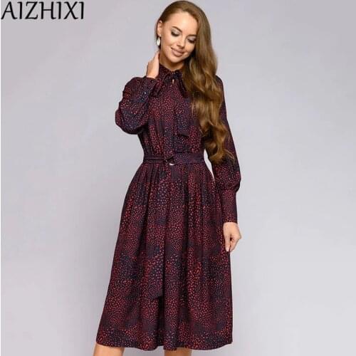 AIZHIXI New 2020 Bow Tie Belt Printed Dress For Women Autumn Casual Long Sleeves Midi A Line Elegant Vintage Woman Dresses
