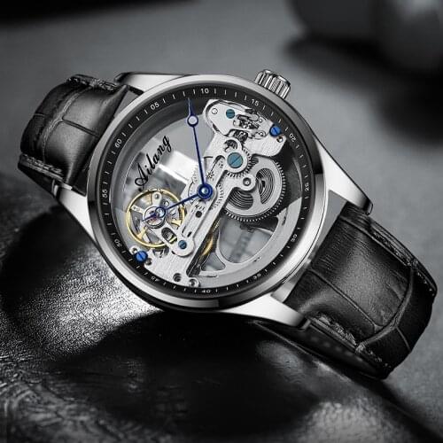 Hollow Automatic Mechanical Watch Luxury Watch Wrist Watches Mens Black Leather Skeleton Transparent Business Casual Auto Wind