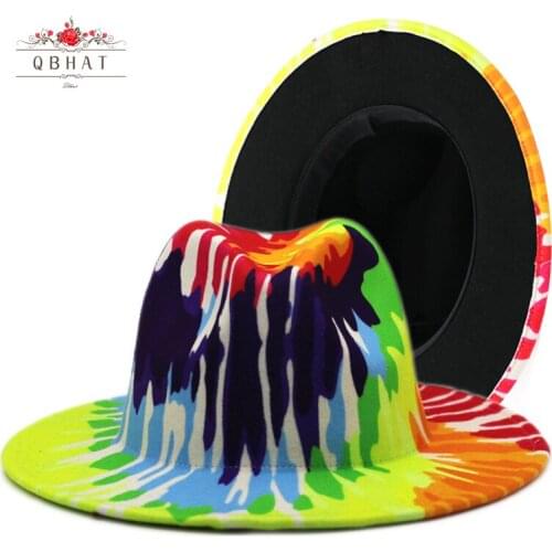 QBHAT New Arrival Popular Faux Wool Tie-dye Women Fedora Hats Hot Sale Men Wide Brim Panama Style Felt Jazz Hats Cap