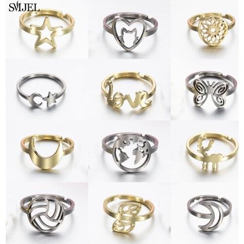 SMJEL Fashion Geometric Stainless Steel Rings For Women Jewelry Volleyball Flower Map Leaf Triangle Ring Music Star Finger Ring