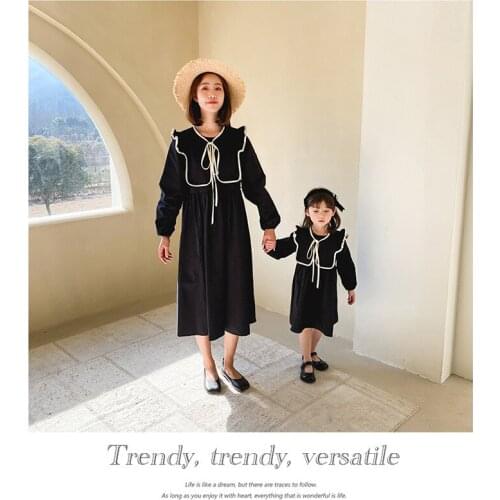 Korean style spring big turn down doll collar loosen long-sleeved dresses for girls and women parent-child clothing