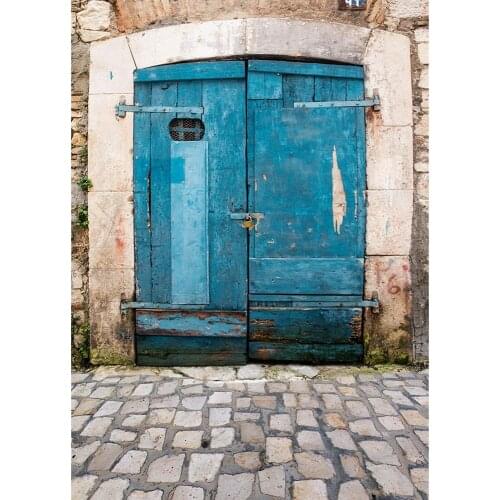 Old Brick Wall Blue Wooden Door Studio Backgrounds Photography Vinyl Cloth Backdrop for Children Lovers Baby Photoshoot Props