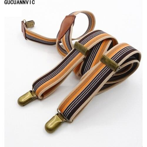 GUCUANNVIC Vintage brown striped bronze clip buckle suspenders Genuine leather link Premium buckle Flexible men and women braces