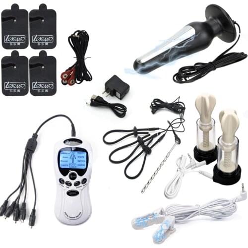 Electro Shock Anal Vaginal Plug Nipple Sucker Clamps Massage Pad Electric Stimulator Penis Ring Urethral Plug BDSM Sex Toys
