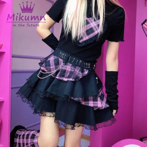 Harajuku Girls Black Pink Lace Metal Chain Rock Punk Skirts Women Gothic Lolita High Waist Cake Mini Skirts Y2K Streetwear
