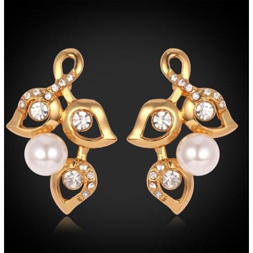 Drop Earrings For Women Vintage New Fashion Jewelry Trendy Gold Color Pearl Charms Rhinestone Leaf Earrings E3074