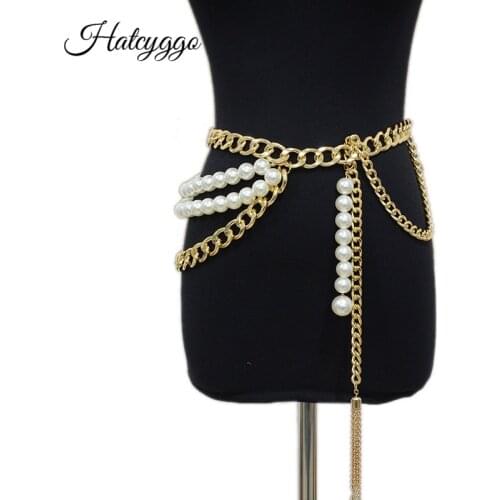 HATCYGGO Gold Waist Chain Belt Women High Quality Pearl Pendant Chain Belt Punk Ladies Dresses Decorative Belts Tassel Waistband