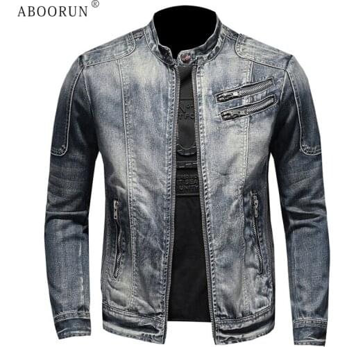 ABOORUN Mens Vintage Denim Jackets Zippers Patchwork Casual Slim Jean Coat Plus Size 6XL Motorcycle Jacket