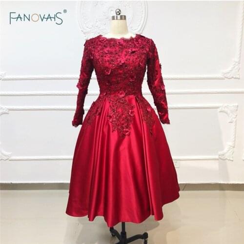 Burgundy Evening Dresses Long Sleeve 2020 Tea Length Satin Evening Gown Beaded Prom Dress Appliques Princess Gown NE32