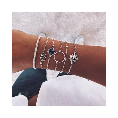 6pcs/set Boho Bracelet Femme Lotus Bead Round Gem Chain Hollow Multilayer Silver Bracelet Set Retro Bracelets bracciali donna