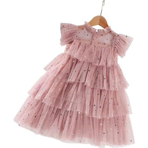 Pink vintage long dress age for 2 - 10 yrs little girls lace sequins princess costume summer kids cupcake dress baby girl frocks
