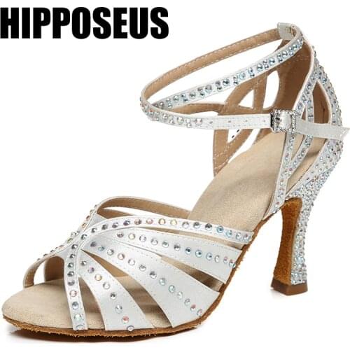 Hipposeus Dance-Shoes Ballroom Girls Latin Salsa Women Dancing Shoes Satin Ladies High Heel Tango Modern Soft Sole Dance Shoes