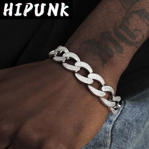 HIPUNK Hip Hop Iced Out Bracelet Micro Paved Rhinestones Miami Cuban Chain Cubic Zirconia Jewelry For Men Women Rapper
