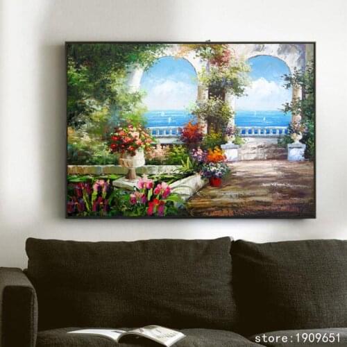 Cotton no frame Mediterranean sea flowers garden canvas printings oil painting printed on cotton wall art decoration pictures