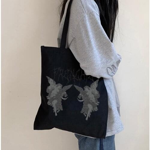 Gothic angel print canvas bag punk Large-capacity casual fun Harajuku shopper bag dark high street women hip hop shoulder bags