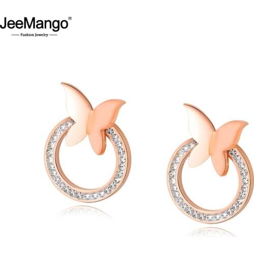 JeeMango Luxury Rose Gold Crystal Stud Earrings Butterfly Design Stainless Steel Earring For Women Girl Ear Jewelry Gift JE17077
