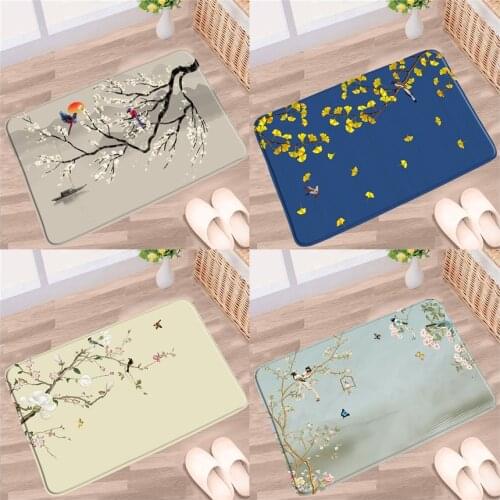 Chinese Style Bath Mat Flower Parrot Butterfly Bird Animal Floral Leaf Patter Non-slip Rug Home Bathroom Kitchen Entrance Carpet