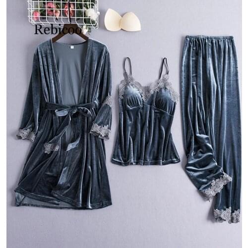 Lace Patchwork Women Velour Pajamas Suit Nightwear Soft Kimono Bathrobe Grey Loose Robe Gown Casual Sleepewear Home Clothes