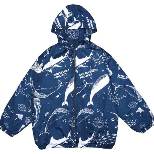 Hip Hop Streetwear Hooded Parkas Men Casual Ocean Whale Print Thick Padded Jackets Harajuku Windbreaker Zipper Jacket Coat 2020