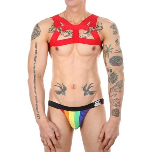 Mens Metal Rings Chest Belt Shoulder Bondage Decoration Straps With Rainbow Hollow Out Jockstrap