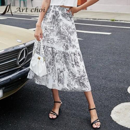 Summer Spring Midiskirt Women Long Ruffles Skirts High Waist Tie-Dye Print Fashion Elegant Bandage Female A-line Outfit