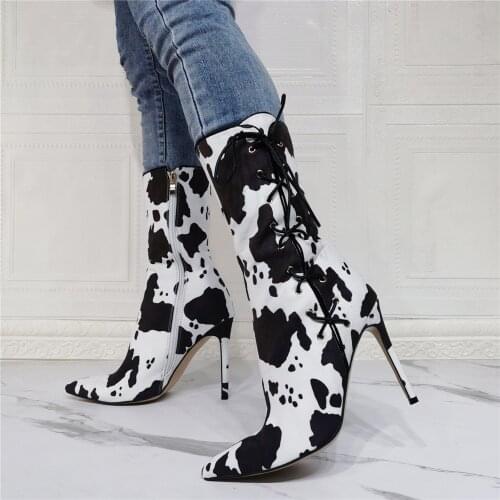 Sexy Woman Milk Cow Dot Side Cross Tied Mid Booties Pointed Toe Spring Women Thin High Heel Zipper Short Shoes