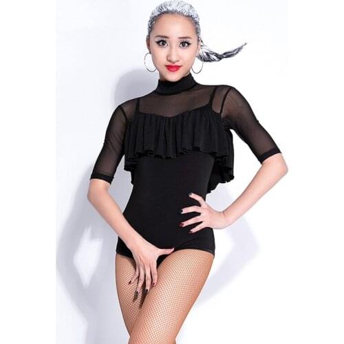 Half sleeve Ballroom Turtleneck gauze Perspecitve Ruffle Sexy Latin dance top bodysuit for female,Costume performance wear L1034