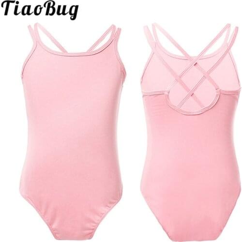 TiaoBug Kids Teens Solid Color Gym Sports Bodysuit Spaghetti Straps Ballet Gymnastics Leotard Children Girls Practice Dance Wear