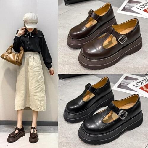 Lolita Shoes Flat on Platform Shoes Women T Strap Leather Shoes Girls Thick Sole Casual Shoes Retro Buckle zapatos mujer 8957G