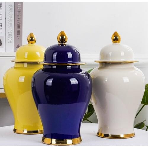European style vase navy blue with golden edge lines Decorative Temple Jar Large vase elegant hotel restaurant housewarming gift
