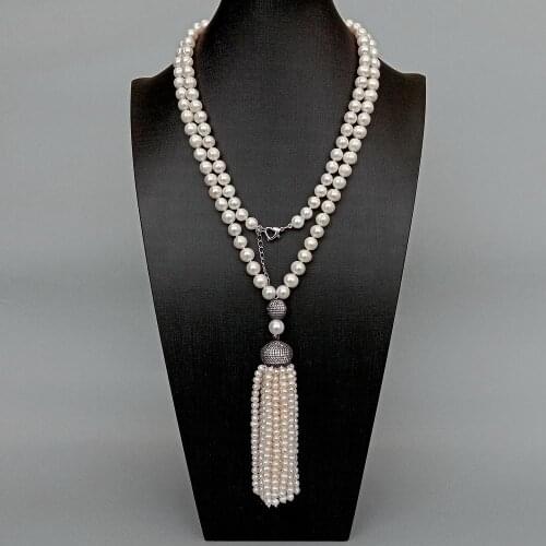 YYGEM Natural Freshwater Cultured White Pearl sweater chain Long Necklace pearl Tassel Cz Pave Pendant Mala 41"