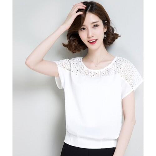 Summer lady hollow floral blouse tops elegant female hollow blouse shirt short sleeve