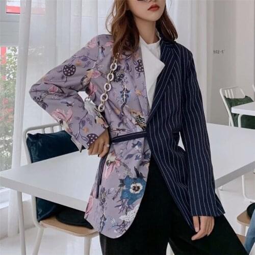 Bella philosophy 2020 Spring Vintage Print Striped Patchwork OL Blazers Coat Women Notched Collar Long Sleeve blazer Outerwear