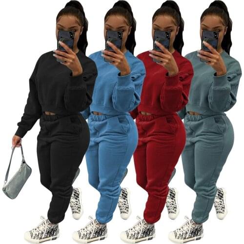 2020 Winter Solid Thick Fleece Tracksuit Woman Long Sleeve O Neck Sweater + Pencil Pants Fitness Activewear Two Piece Set