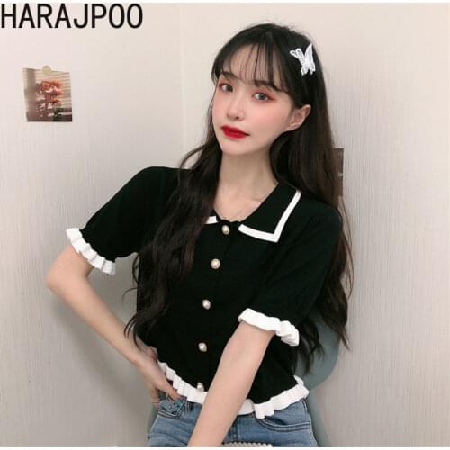 Harajpoo Women Cardigan 2021 Spring New Korean Version Wooden Ear Lapel Jacket Slim Short Long Sleeve Female Student Sweaters