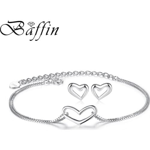 BAFFIN Genuine 925 Sterling Silver Jewelry Sets Heart Charm Chain Bracelets Stud Earrings Simple Fashion Set For Women Wedding