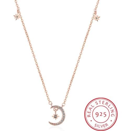 Sweet 925 Sterling Silver Dazzling Micro CZ Zirconia Moon Star Tassel Necklaces For Women choker collares Birthday Gift S-N454