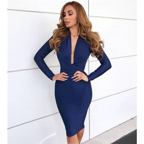 5 Colors Winter Fashion Sexy V Neck Long Sleeve Bandage Dress 2021 Knitted Elastic Bodycon Celebrity Eveing Party Dress