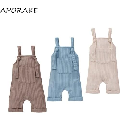 2021 0-24M Summer Casual Infant Baby Romper Jumpsuit Summer New Solid Color Pocket Square Collar Knitted One Piece Outfit