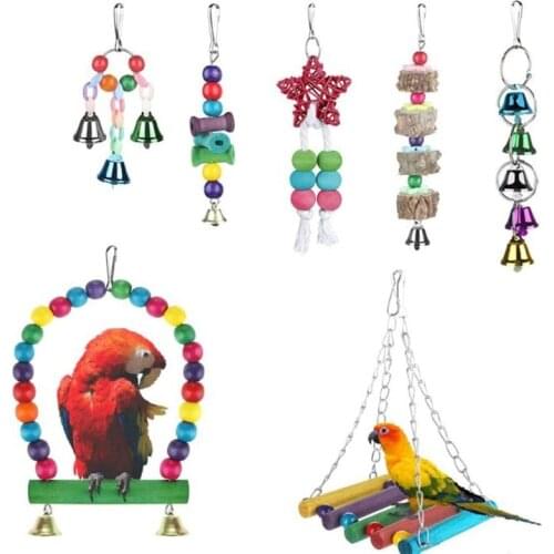 7Pcs Bird Parrot Swing Chewing Training Toys Colorful Beads Bells Pet Cage Hanging Hammock Toy for Parakeets Finches Lovebirds