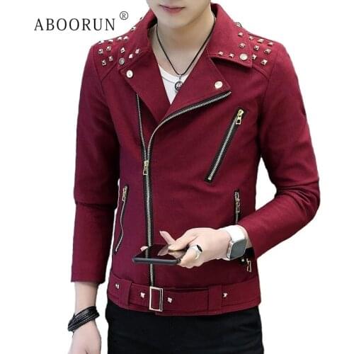 ABOORUN Punk Rivets Biker Denim Jacket Mens Fashion Zippers Slim fit Coat for Youth