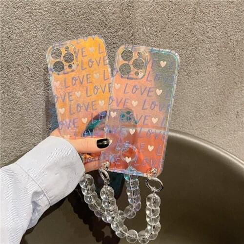 Shiny Laser Love Heart Phone Case For iPhone 12 Mini 7 8 Plus 12 Pro 11 Pro Max XS Max XR XSE 2020 Luxury Bracelet Chain Coque