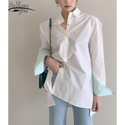 Blusa 2021 Fashion Long Sleeve Womens Tops Blouse Summer Korean Top Loose Solid Shirt Split Autumn Office Lady Clothing 10294