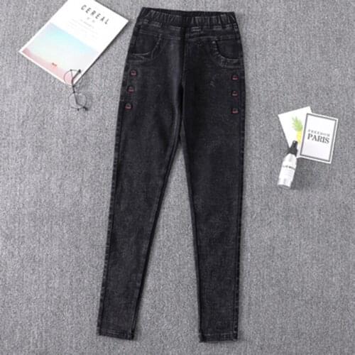 Autumn Elastic Waist Imitation Denim Pants Women Plus Size Embroidery Pencil Pants Femme Stretch Skinny Trousers Ladies Cowboy