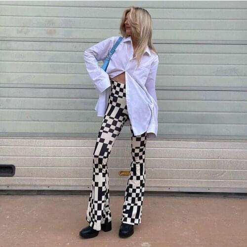 Women Fashion Pants Irregular Square Printed Flared Trousers Hight Waist Personality Long Leggings Casual Slim Pants 2021 New