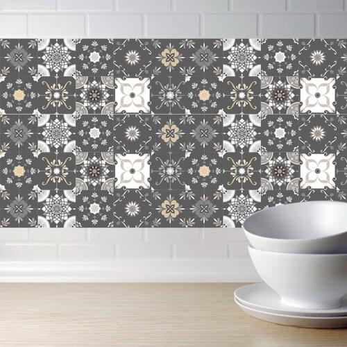 Decorative Moroccan Tiles PVC Tile Stickers,Retro Flowers Wall Art Decal,Adhesive Waterproof Kitchen Bathroom Decor Black White