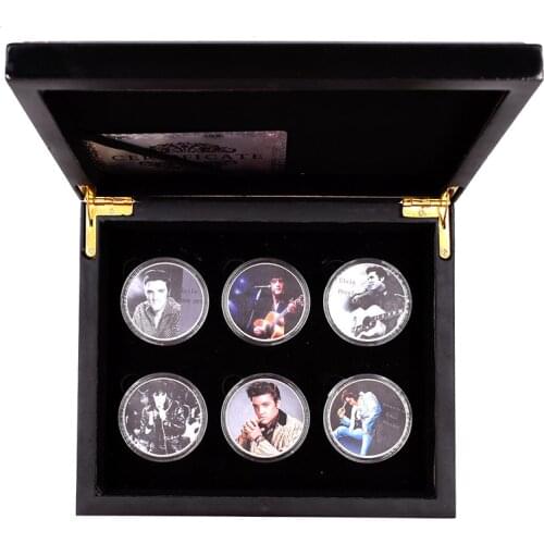 The King of The Pop Elvis Presley 999.9 Silver Plated Coin Home Decorative Metal Coin 6pcs with Wooden Box