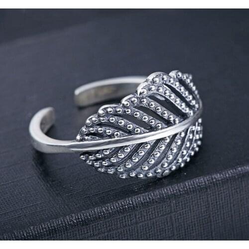 FNJ Pure 925 Silver Leaf Ring Vintage Feather 100% S925 Sterling Solid Thai Silver Rings for Women Jewelry Adjustable Size