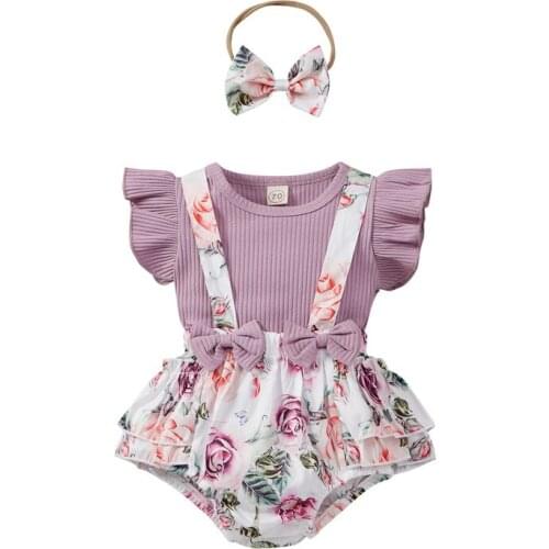 0-24m Baby Girls 3pcs Set Solid Color Fly Sleeve Bodysuit Top Floral Printing Suspender Shorts Bow Headwear Girls Purple Outfits