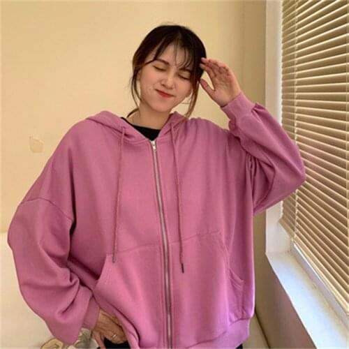 2021 Basic Jackets Solid Students Korean Style Loose Hooded Outwear Leisure Womens Zipper Coats Female Classic Sweet Girls H599